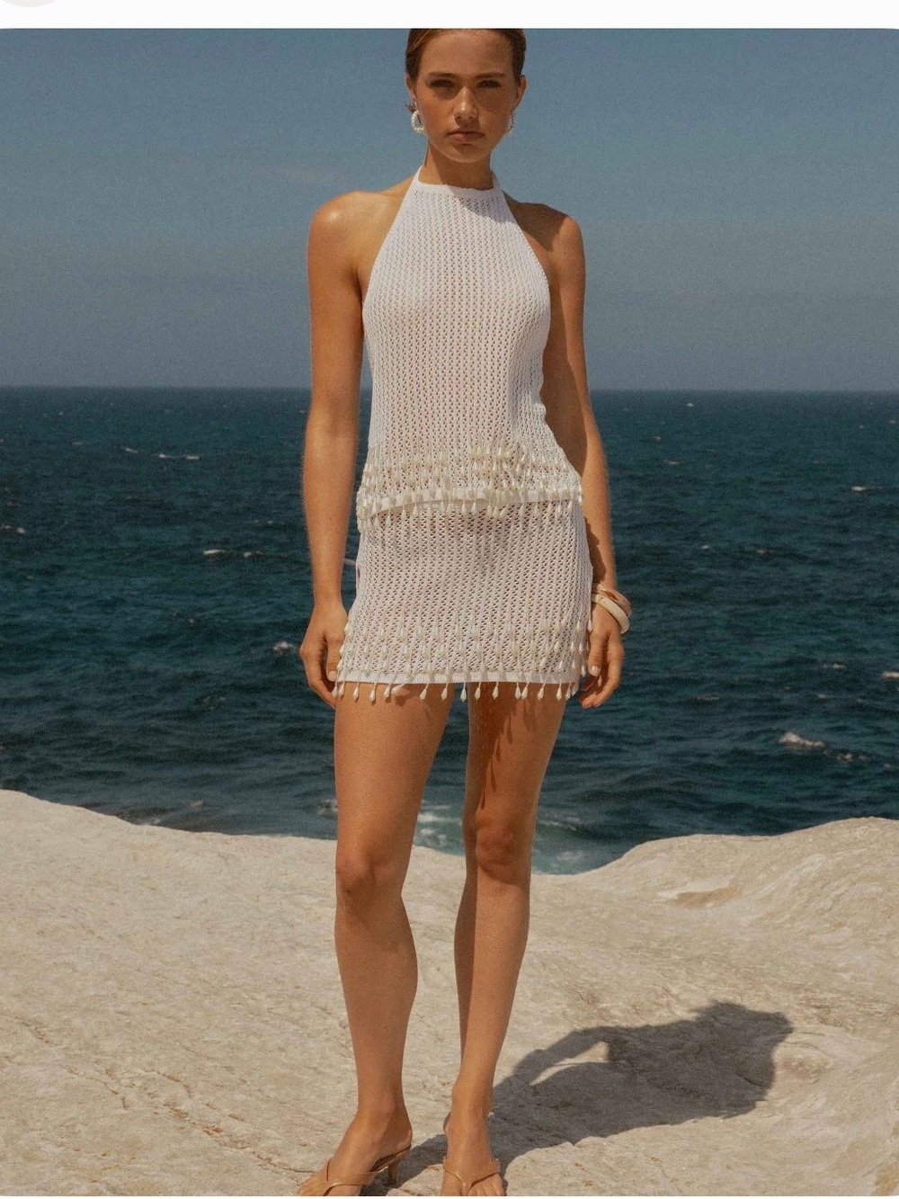 Peppermayo White Crochet Halter Mini Dress